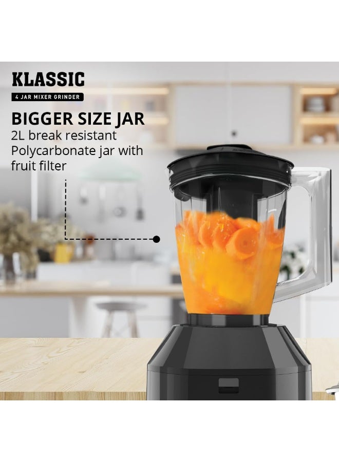 Havells Klassic 1000 Watts 4 Jar Mixer Grinder| High Speed Mixie 22000 RPM motor| 100 Minutes Continuous Run Time|2 Ltr Break Resistant Blending Jar| 5 Year Motor Manufacturer Warranty (Grey), Plastic - Image 3